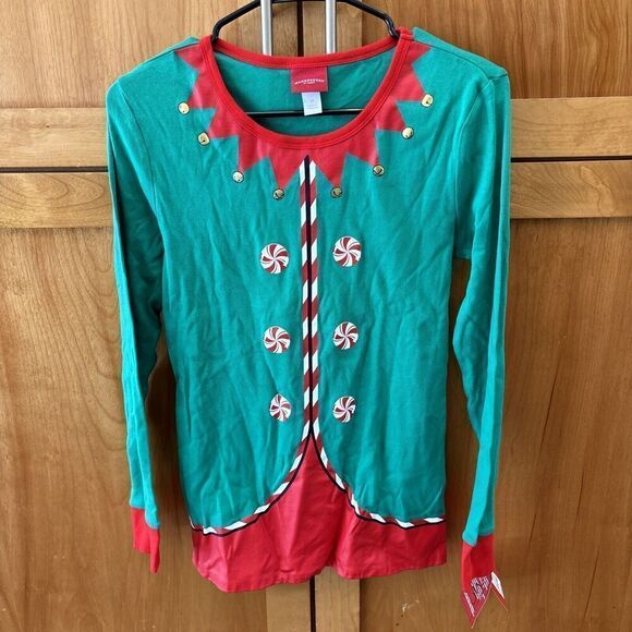 Wondershop Christmas Elf Shirt M Gold Red Green Long Sleeve NEW Stretch Pullover - Picture 2 of 8
